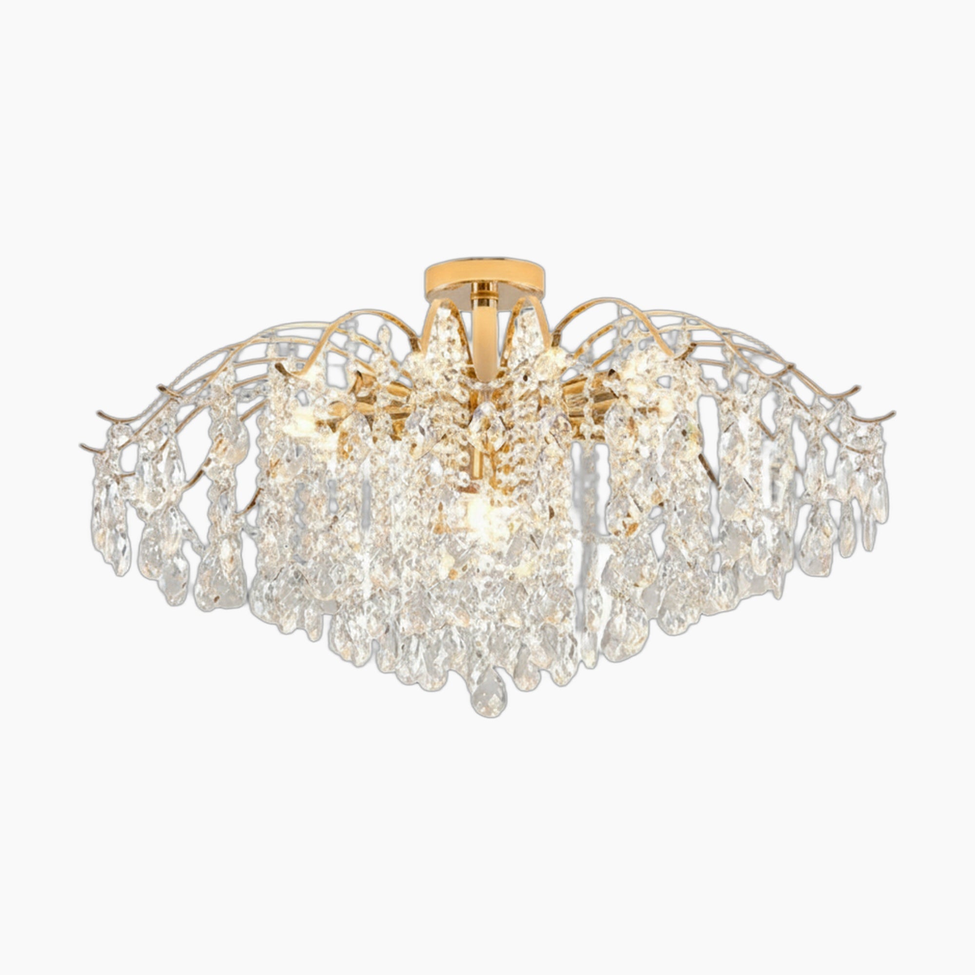 Gold and silver branch chandelier with clear crystal teardrops, LED lighting, modern luxury design.