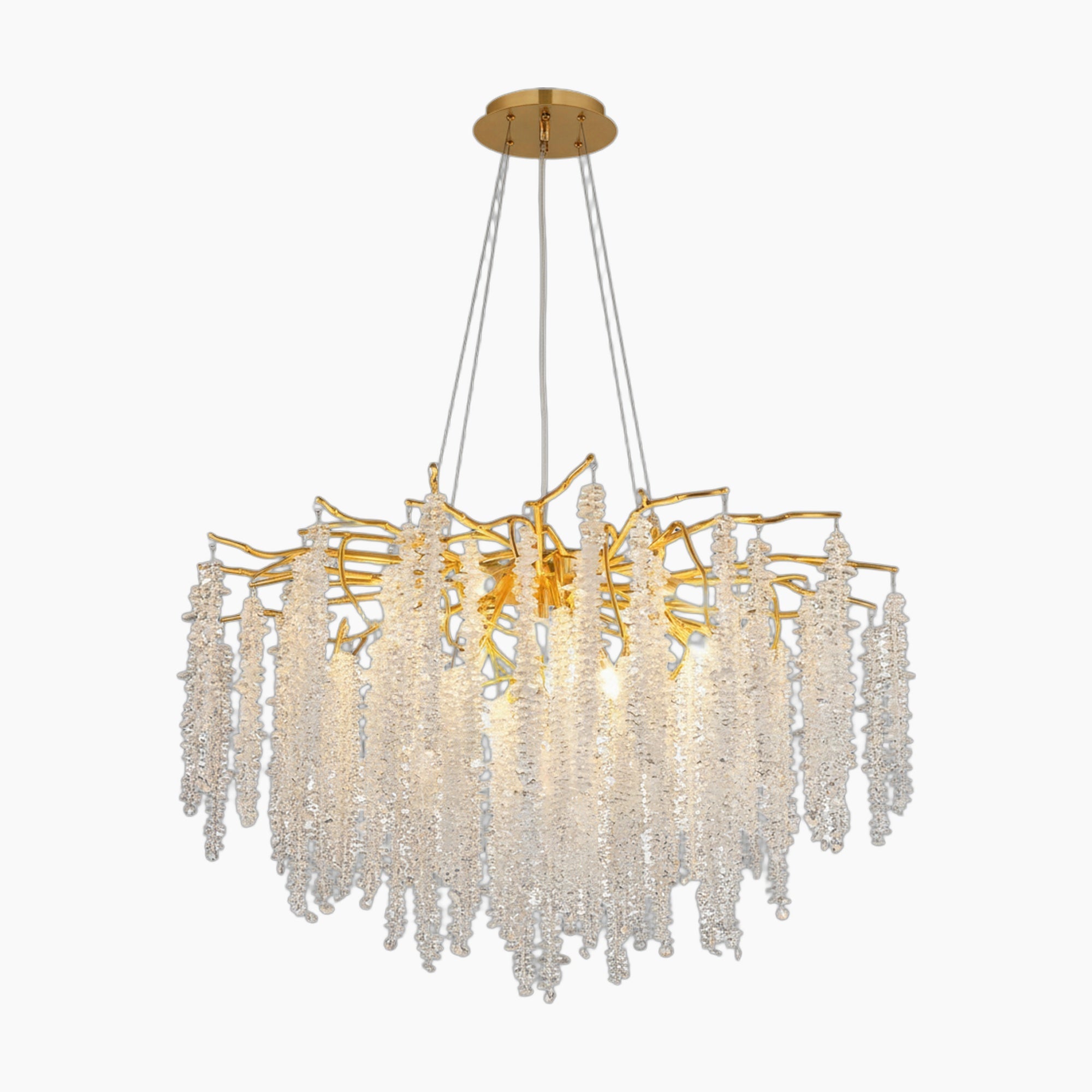 Elegant gold-toned chandelier with cascading clear crystals and LED lighting, suspended from round mount.
