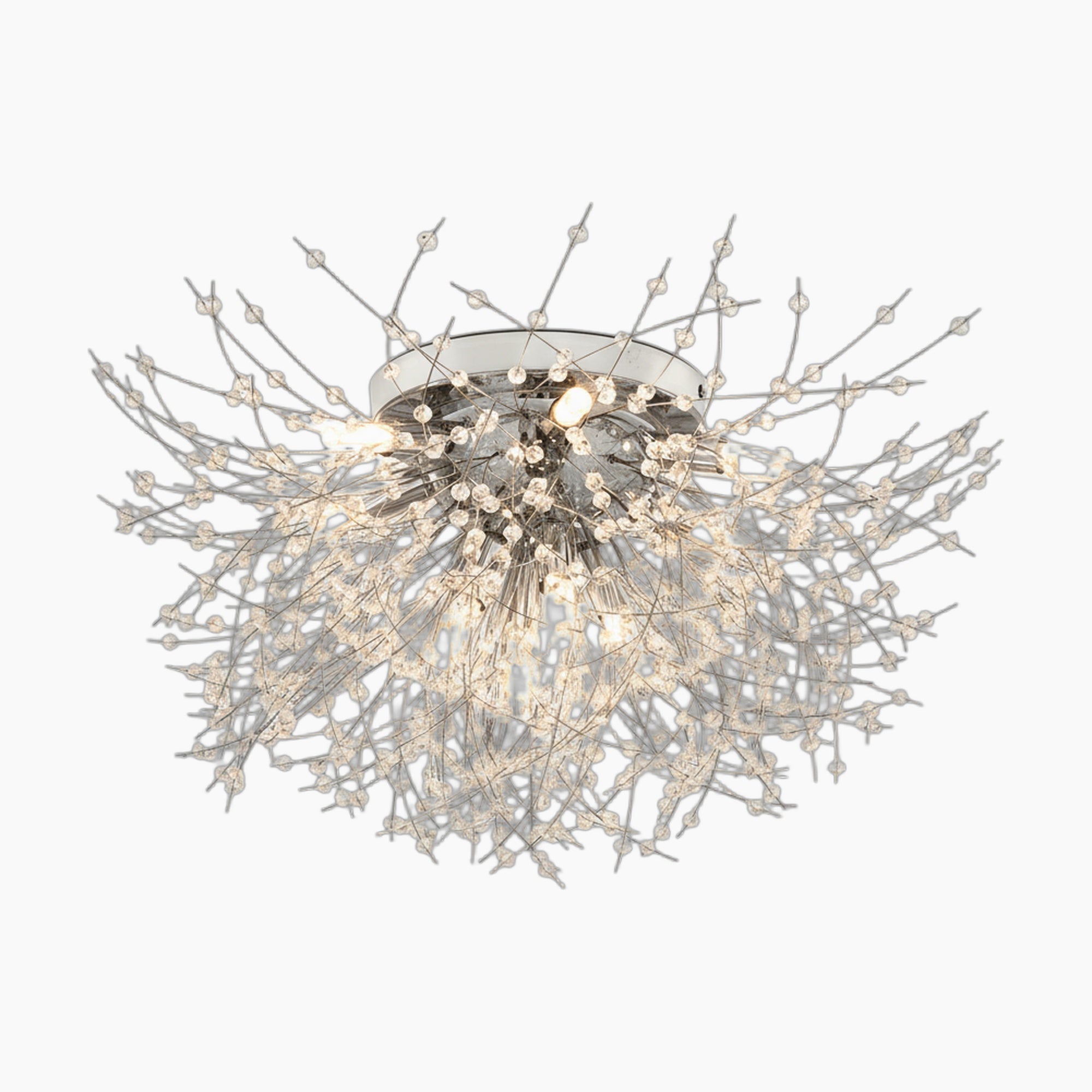 Maison Ornate Modern LED chandelier with silver branches and crystal-tipped bulbs in starburst design.