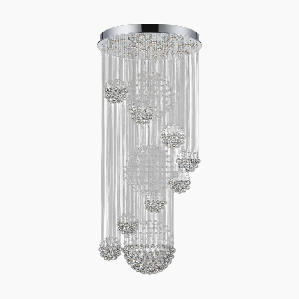 Round chrome chandelier with cascading crystal strands and clustered spheres at varied heights, modern design.