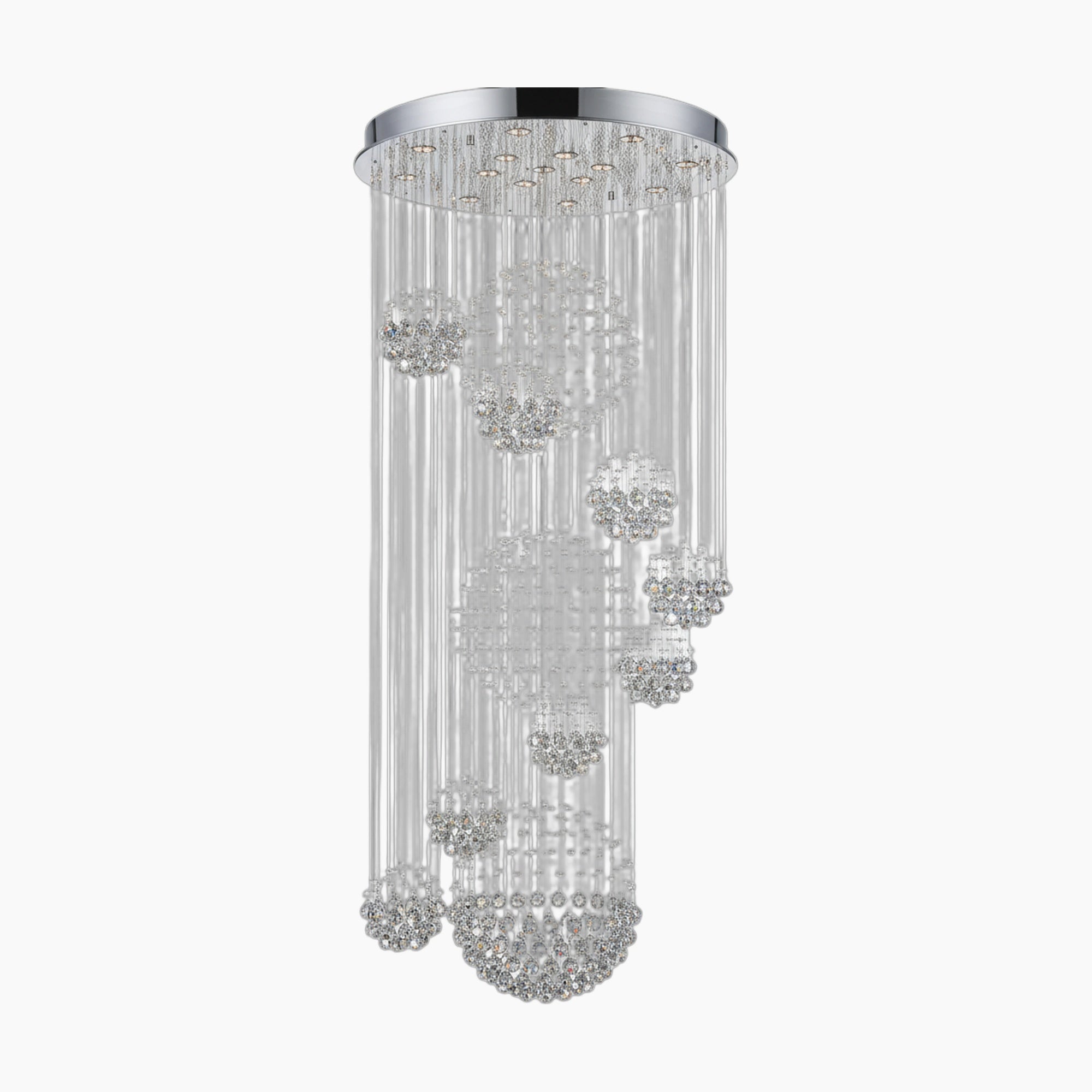 Round chrome chandelier with cascading crystal strands and clustered spheres at varied heights, modern design.