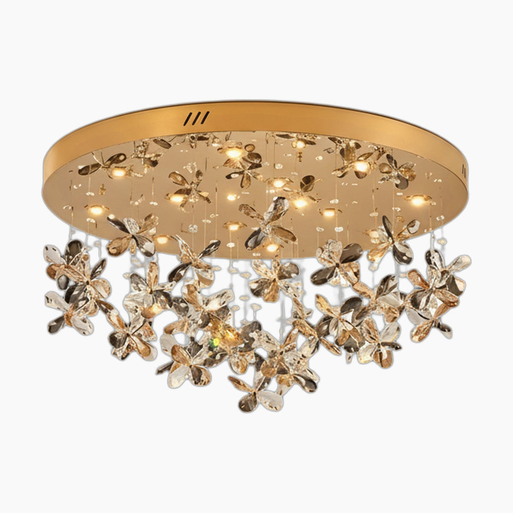 Round gold chandelier with multiple crystal floral pendants, creating a sparkling, luxurious lighting effect.