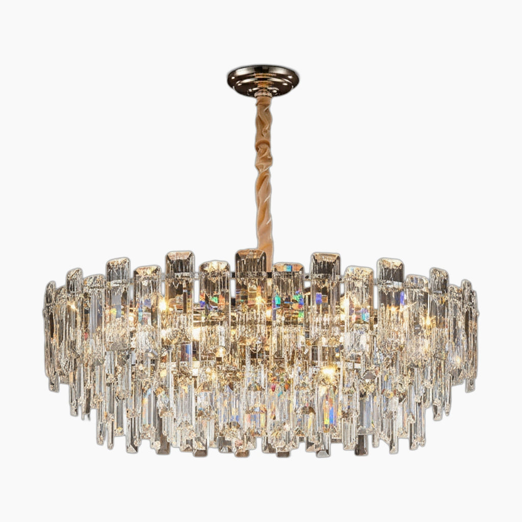 Modern chandelier with tiered clear glass prisms, gold metal base, and twisted adjustable suspension rod.
