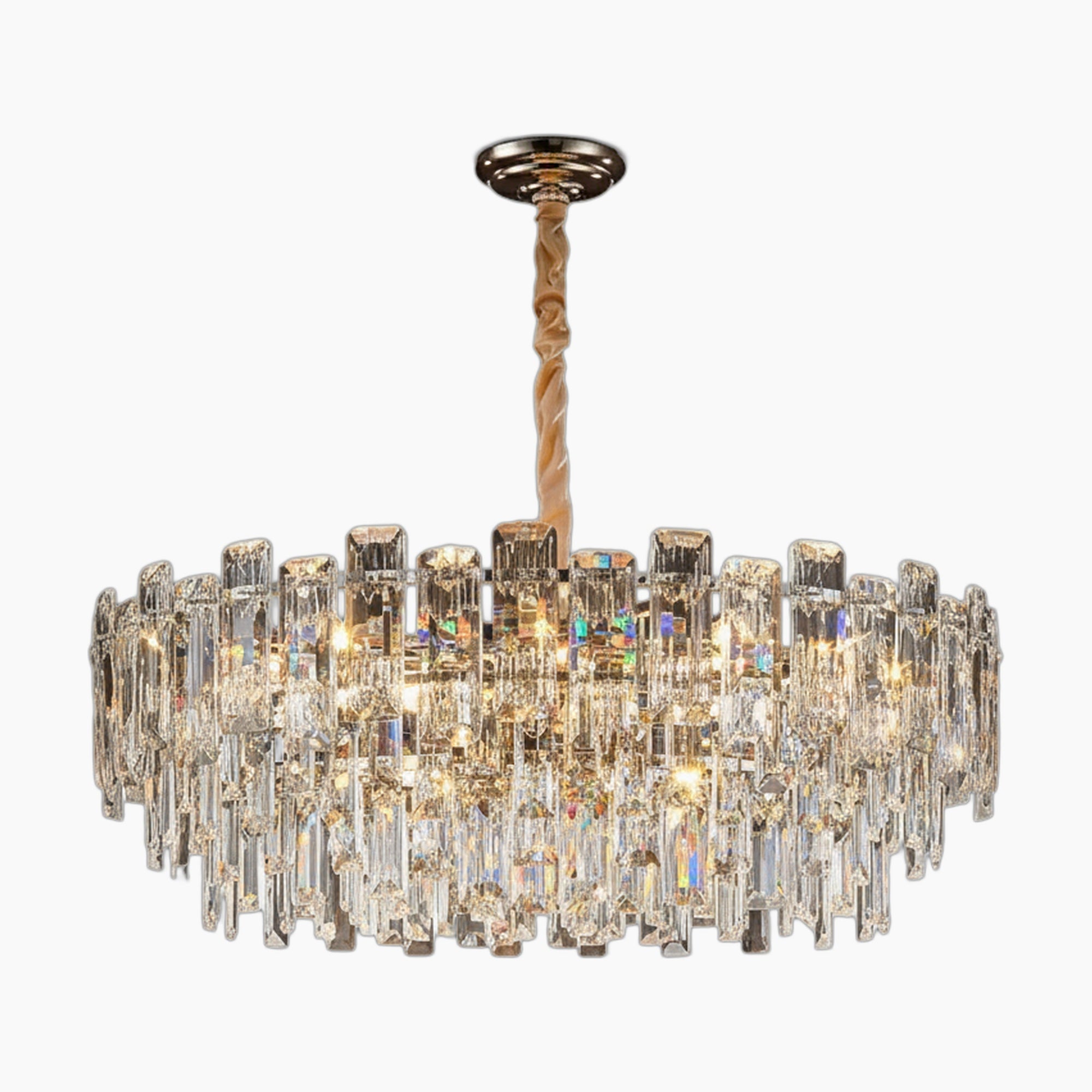 Modern chandelier with tiered clear glass prisms, gold metal base, and twisted adjustable suspension rod.