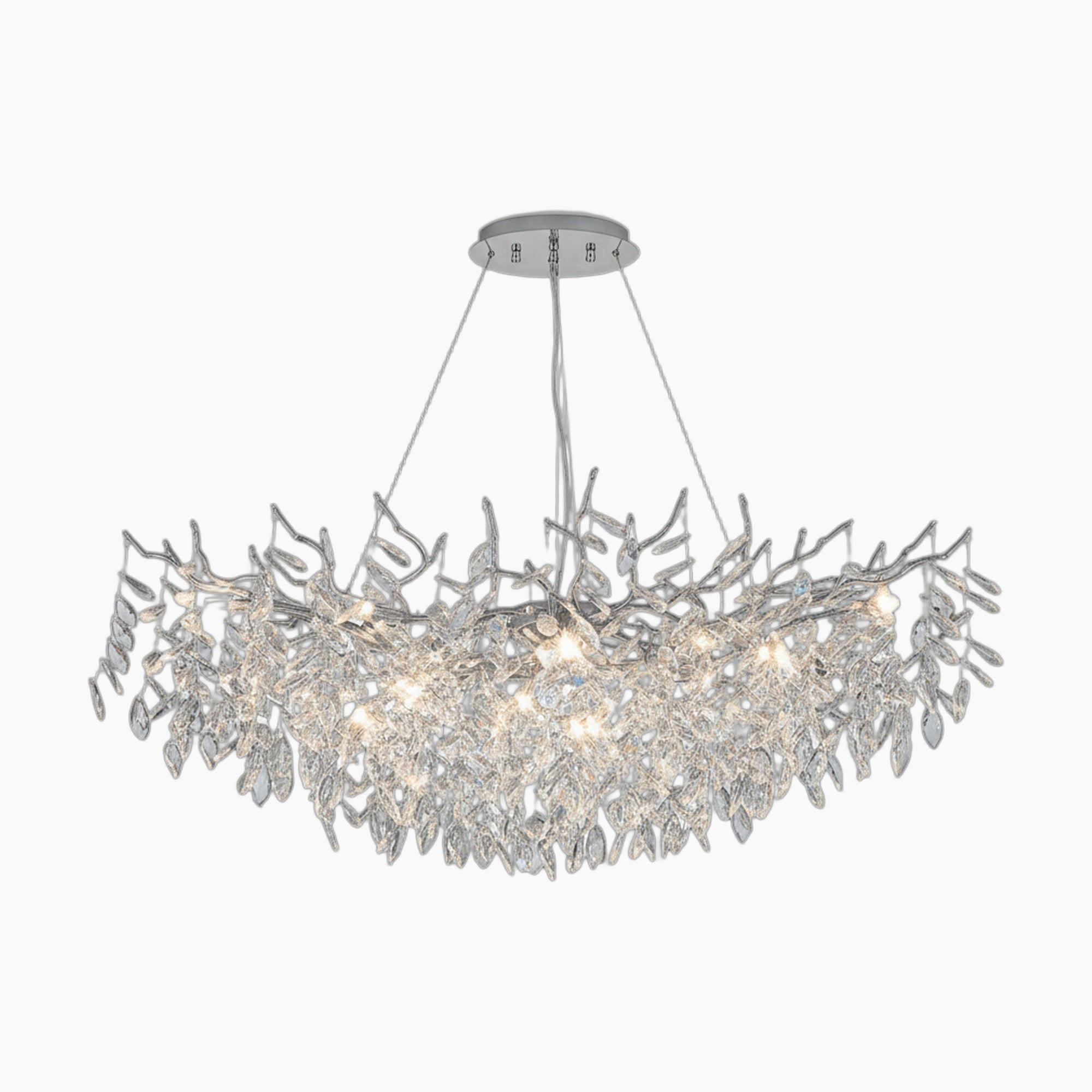 Polished aluminum chandelier with crystal leaf branches, suspended by four wires, emits elegant LED light.