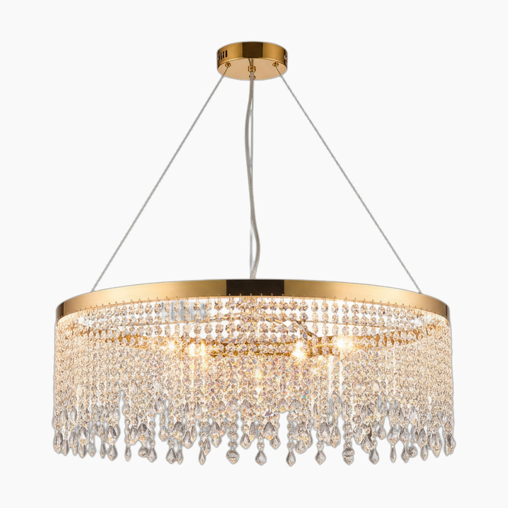 Sleek nickel chandelier with elegant pendants, three-wire suspension, and dimmable LED-lit hanging crystals.