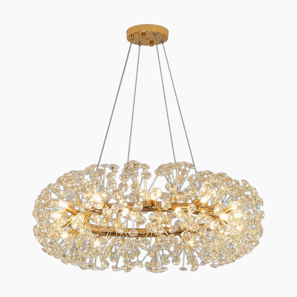 Gold-finished chandelier with dandelion-like K9 crystals, multiple LED bulbs, and four suspension wires.