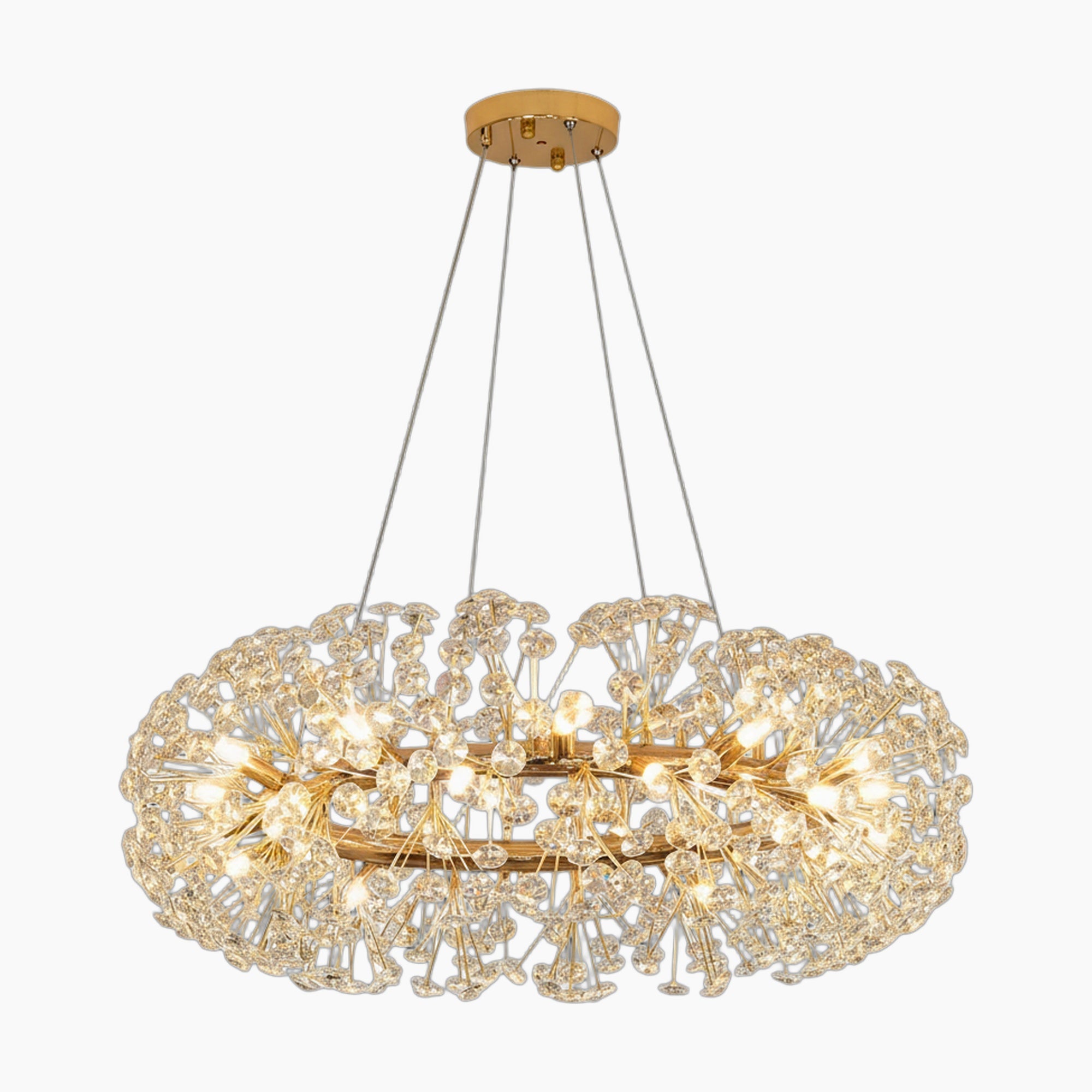 Gold-finished chandelier with dandelion-like K9 crystals, multiple LED bulbs, and four suspension wires.
