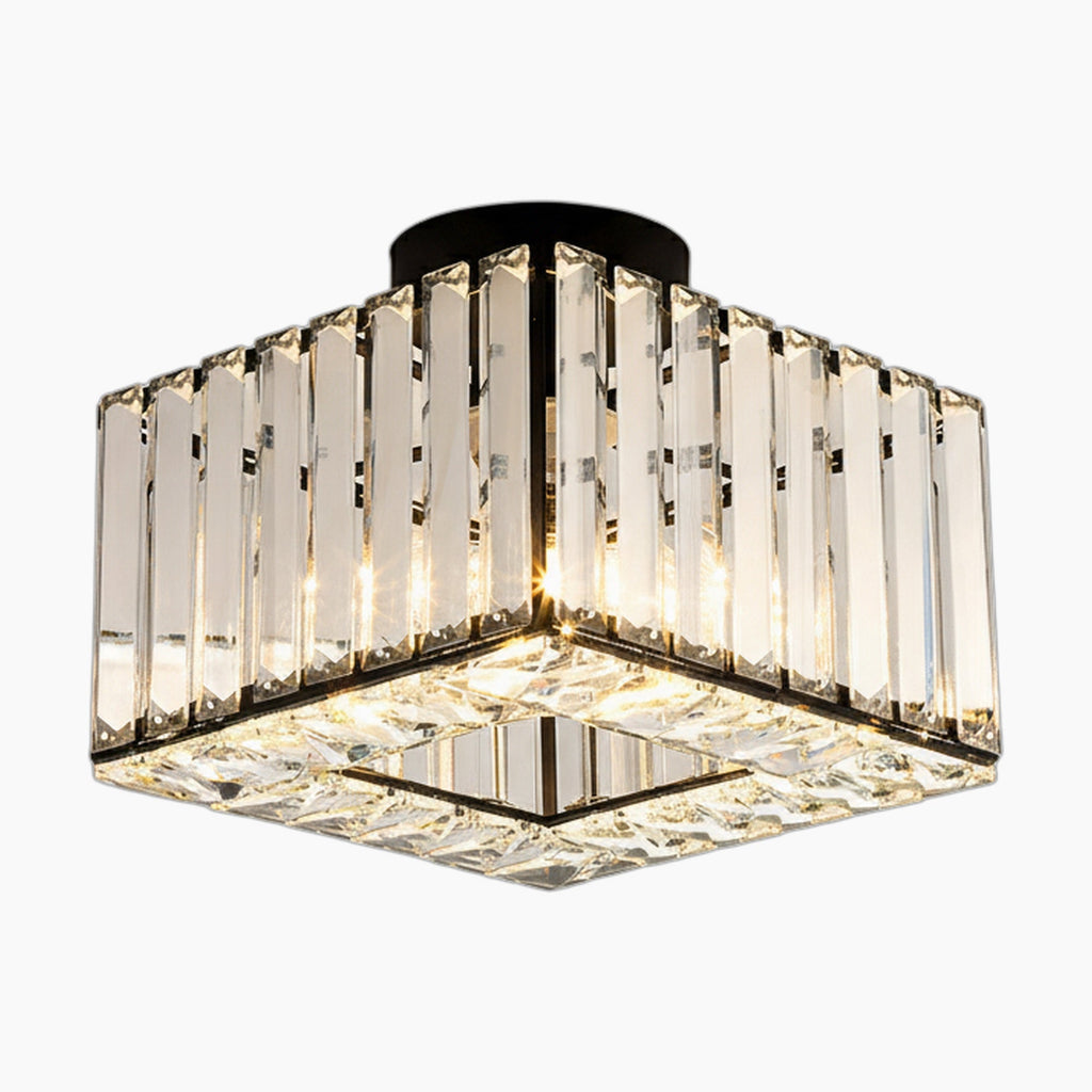 Square crystal glass LED chandelier with clear vertical panels and black base, radiating warm, modern elegance.