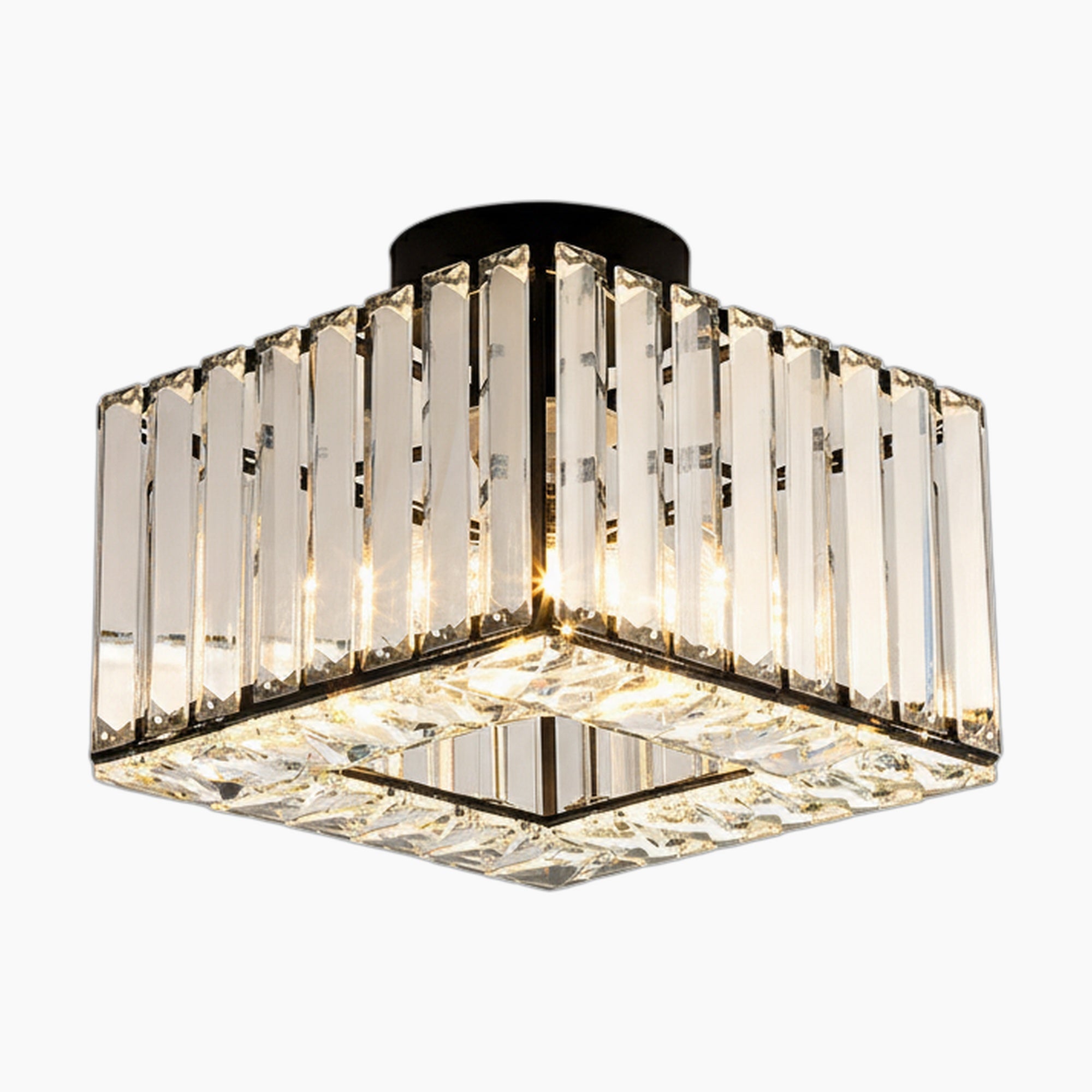 Square crystal glass LED chandelier with clear vertical panels and black base, radiating warm, modern elegance.