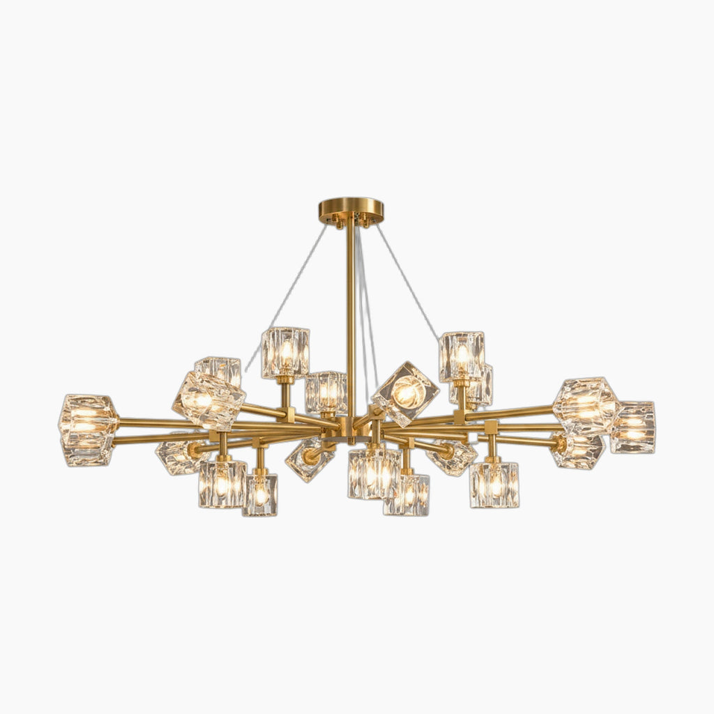 Modern crystal chandelier with geometric glass cubes, slim wire suspension, round mount, LED illumination.