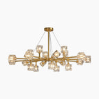 Modern crystal chandelier with geometric glass cubes, slim wire suspension, round mount, LED illumination.