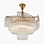 Ornate modern crystal chandelier with three tiers of vertical glass rods and warm lighting.