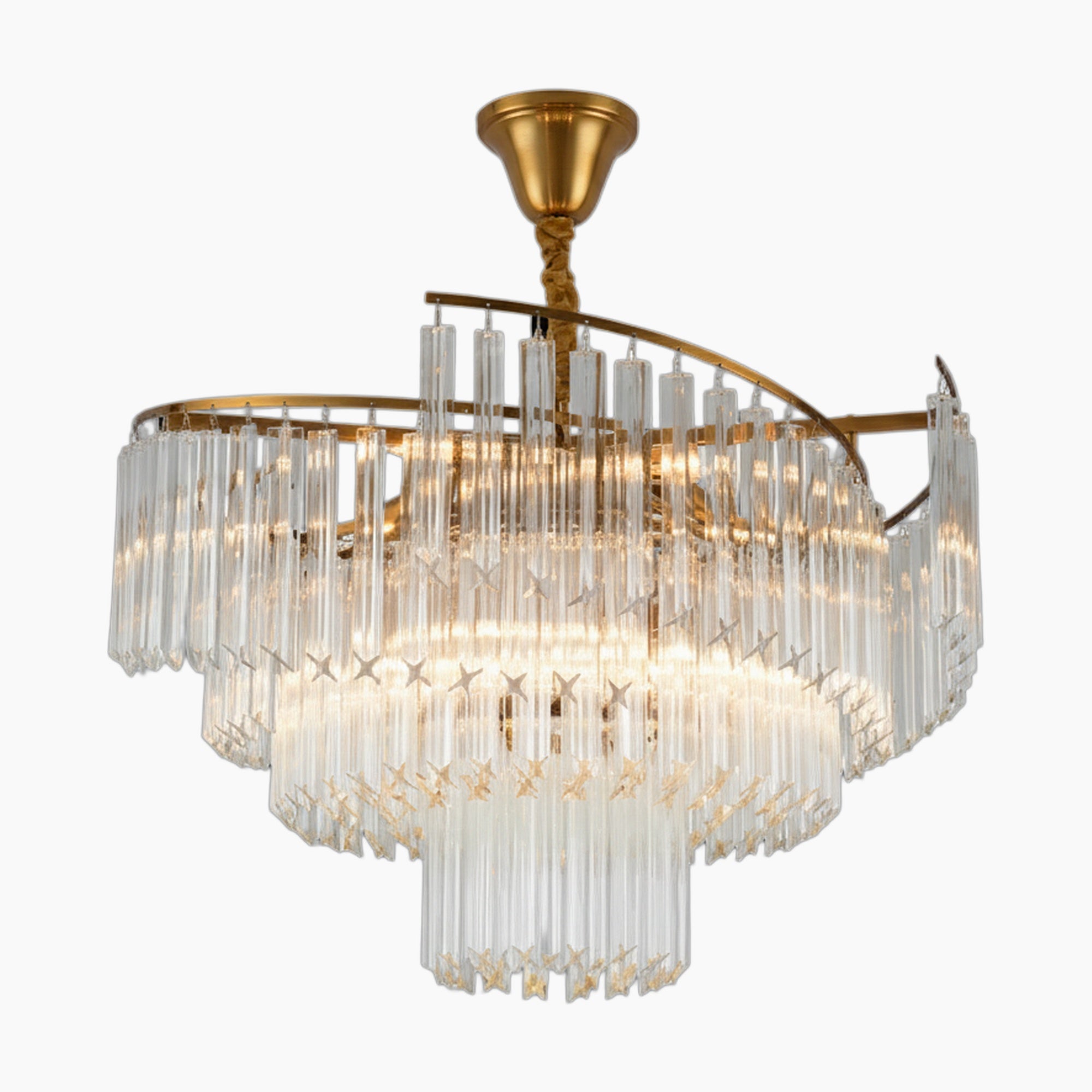 Ornate modern crystal chandelier with three tiers of vertical glass rods and warm lighting.