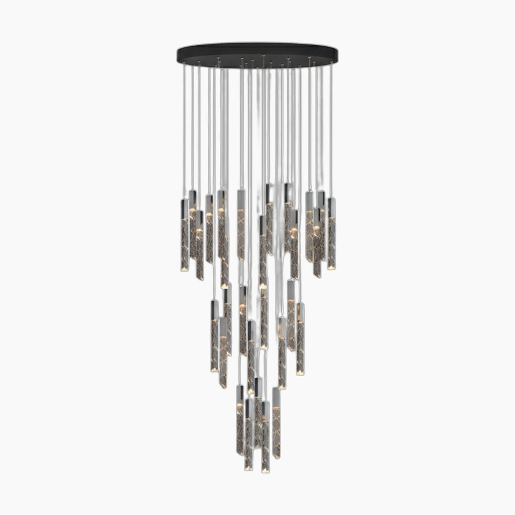 Modern crystal chandelier with chrome frame, marble-patterned rods, and illuminated ends at varying lengths.