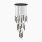 Modern crystal chandelier with chrome frame, marble-patterned rods, and illuminated ends at varying lengths.