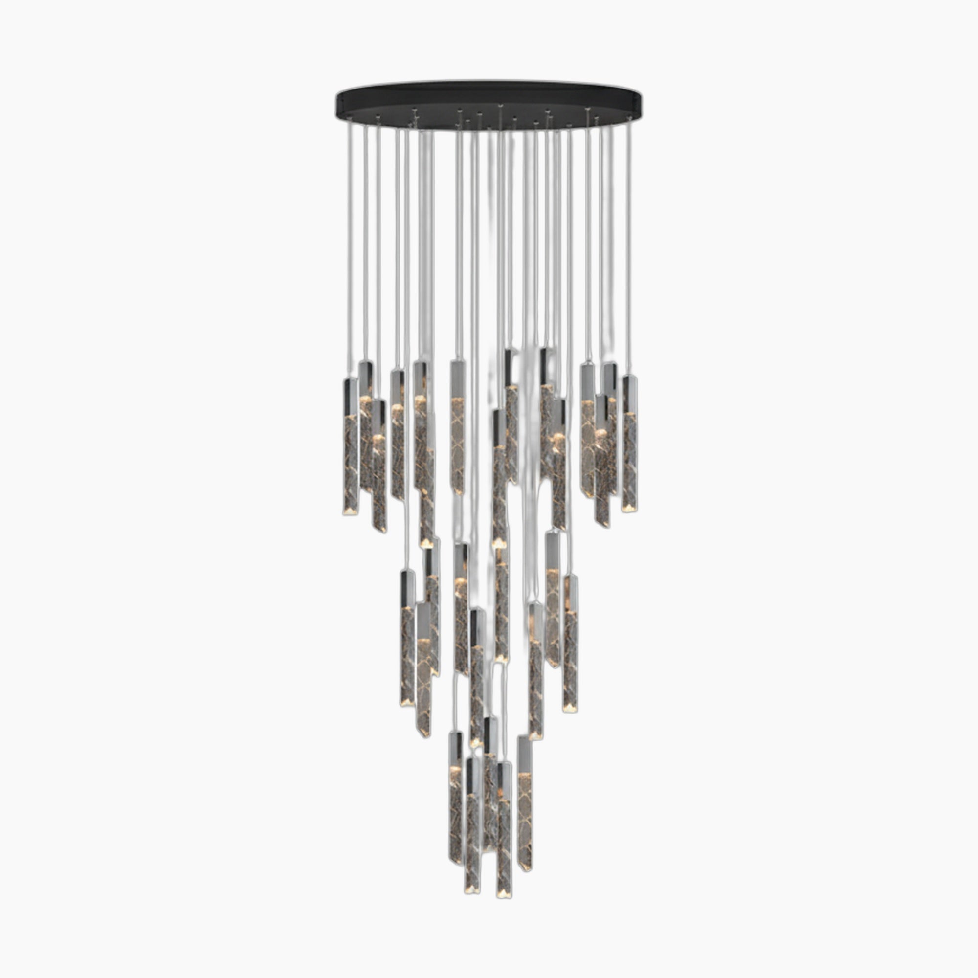 Modern crystal chandelier with chrome frame, marble-patterned rods, and illuminated ends at varying lengths.