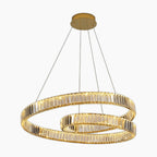 Modern crystal suspension chandelier with two intertwined LED spiral rings, hanging from round mount.