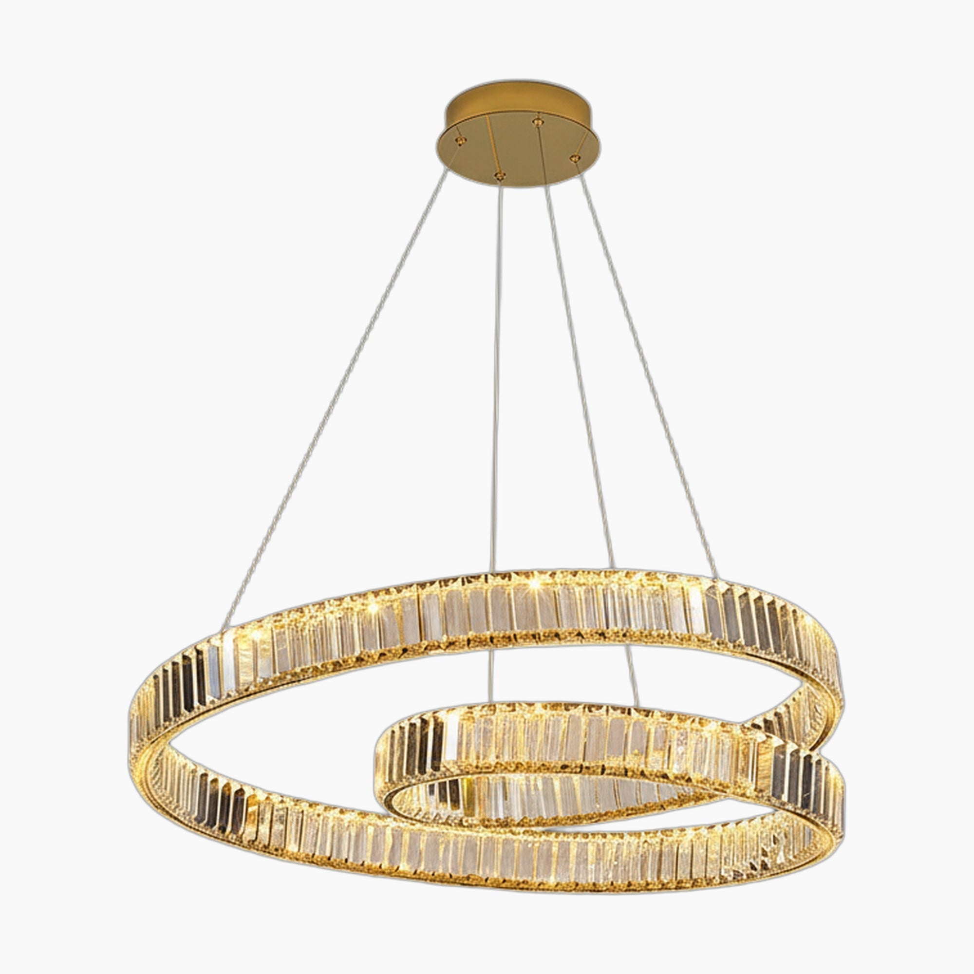 Modern crystal suspension chandelier with two intertwined LED spiral rings, hanging from round mount.