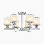 Elegant modern chandelier with six chrome arms, glass shades, and glowing bulbs for contemporary spaces.