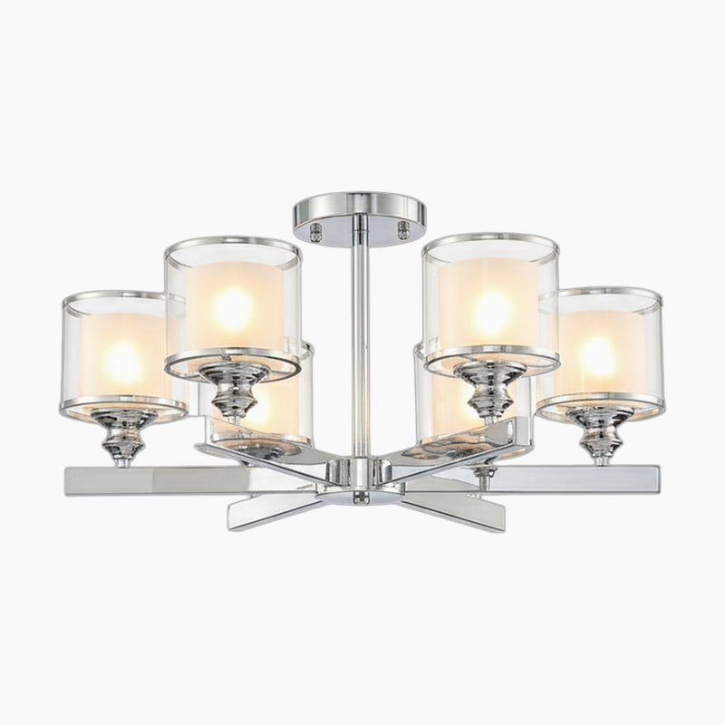 Elegant modern chandelier with six chrome arms, glass shades, and glowing bulbs for contemporary spaces.