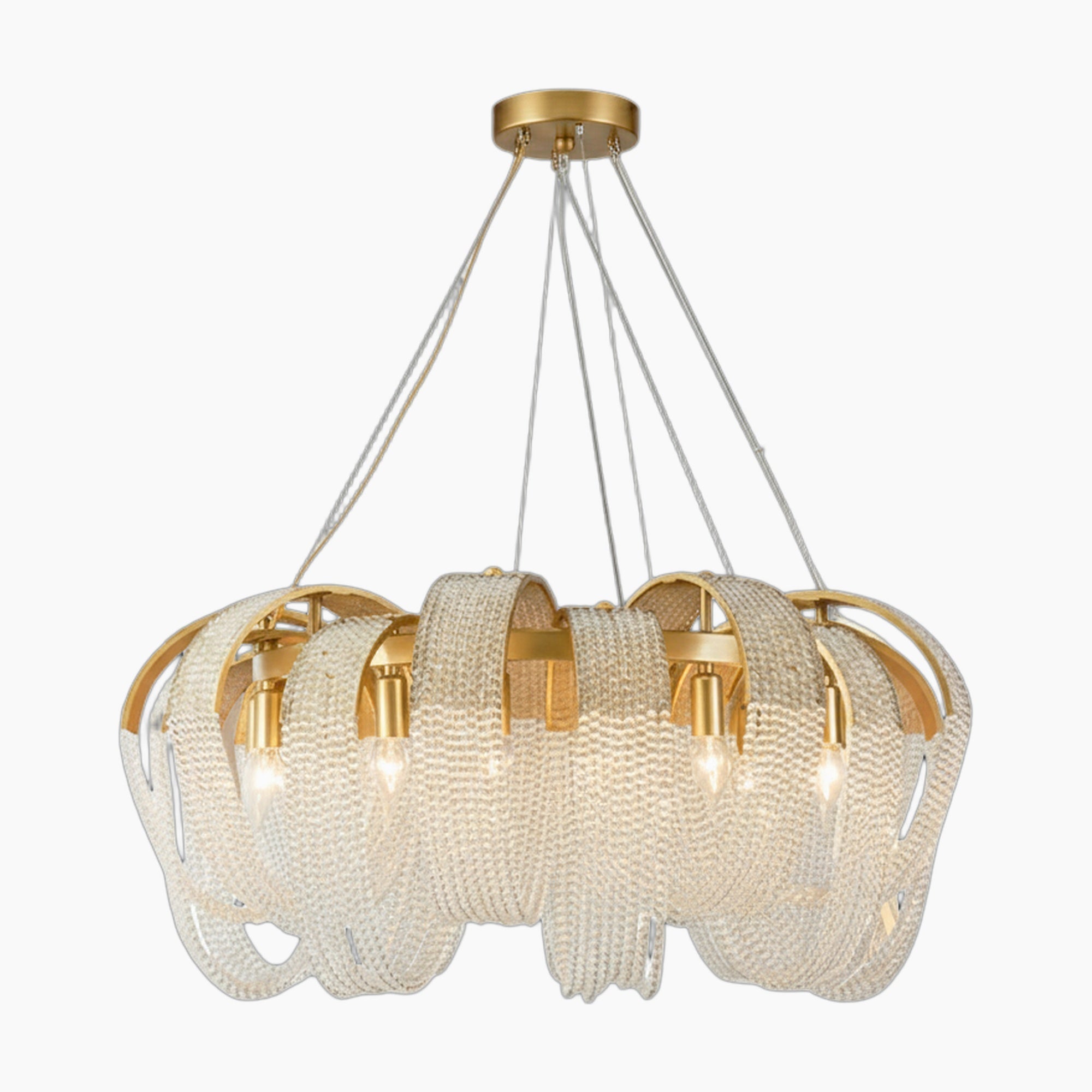 Gold-accented crystal spiral chandelier with white rope loops, suspended by four cables, lights partially visible.