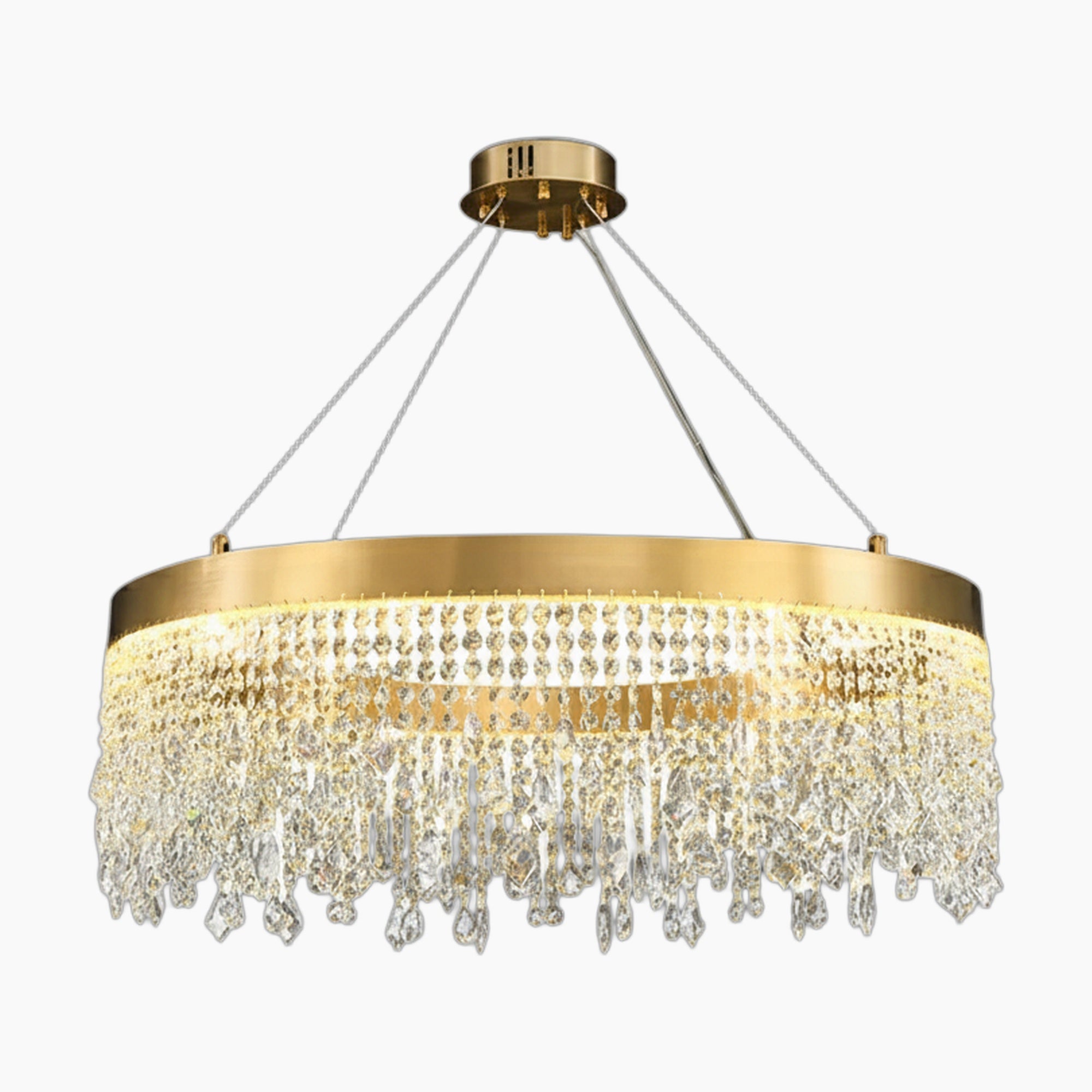 Modern crystal chandelier with gold ring, round pendants, and sparkling prisms suspended by four cables.