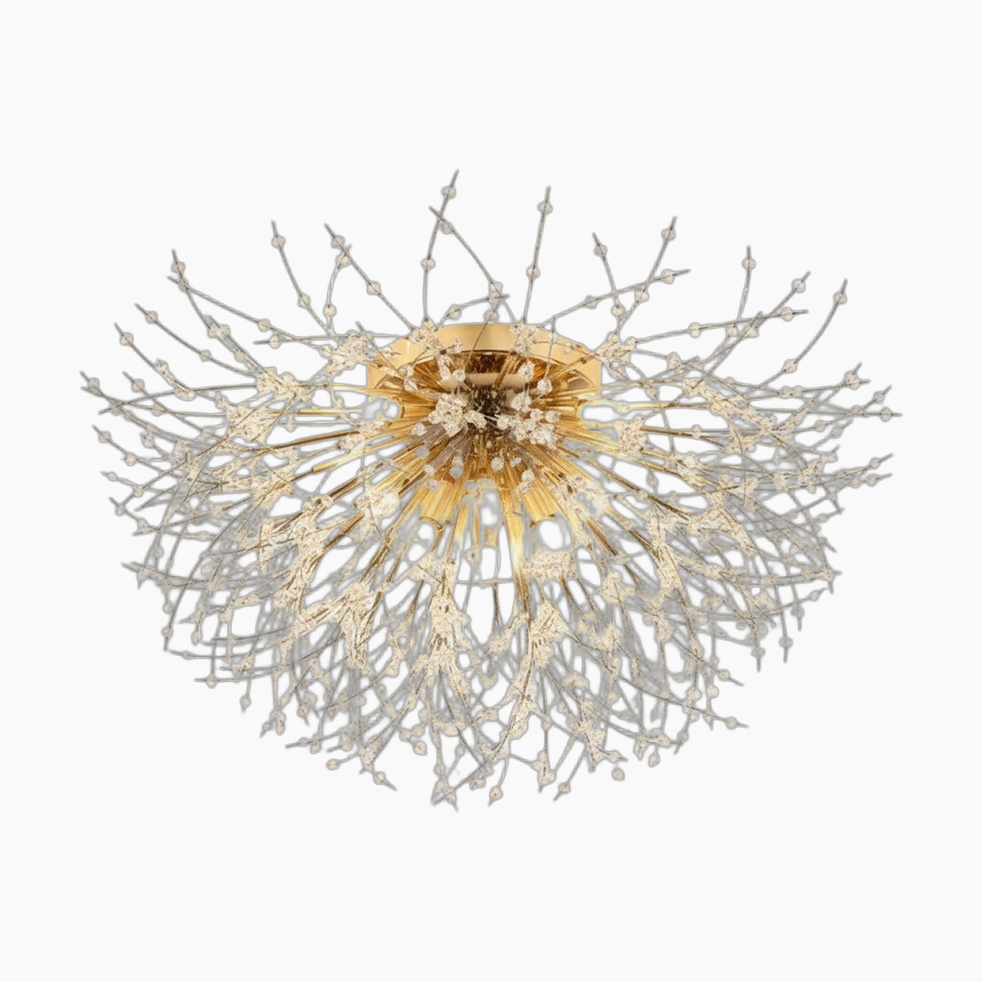 Modern crystal chandelier with a gold center, silver branches, tassels, and abstract burst shape.