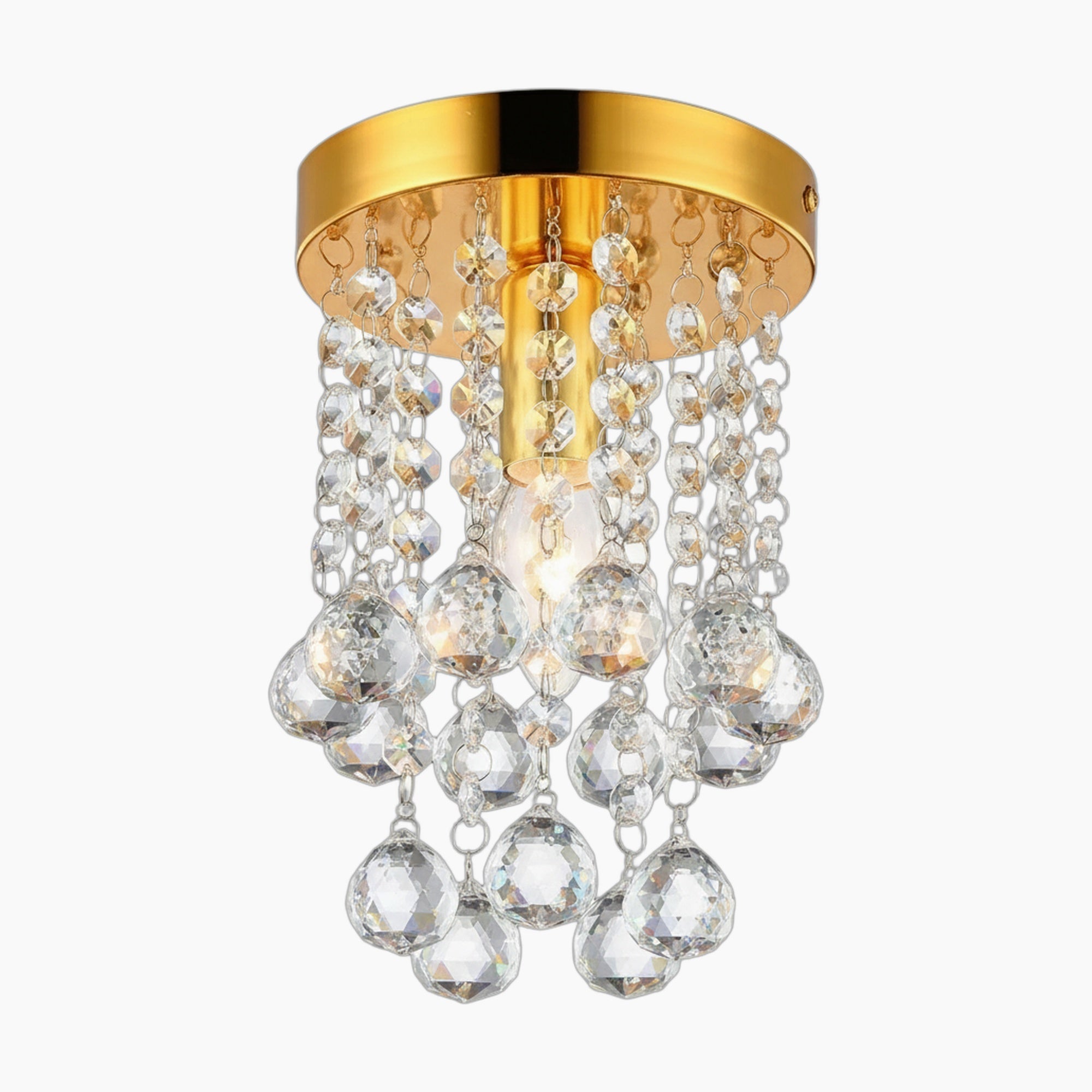 Ornate crystal chandelier with gold tassels, teardrop pendants, and center bulb in modern style.