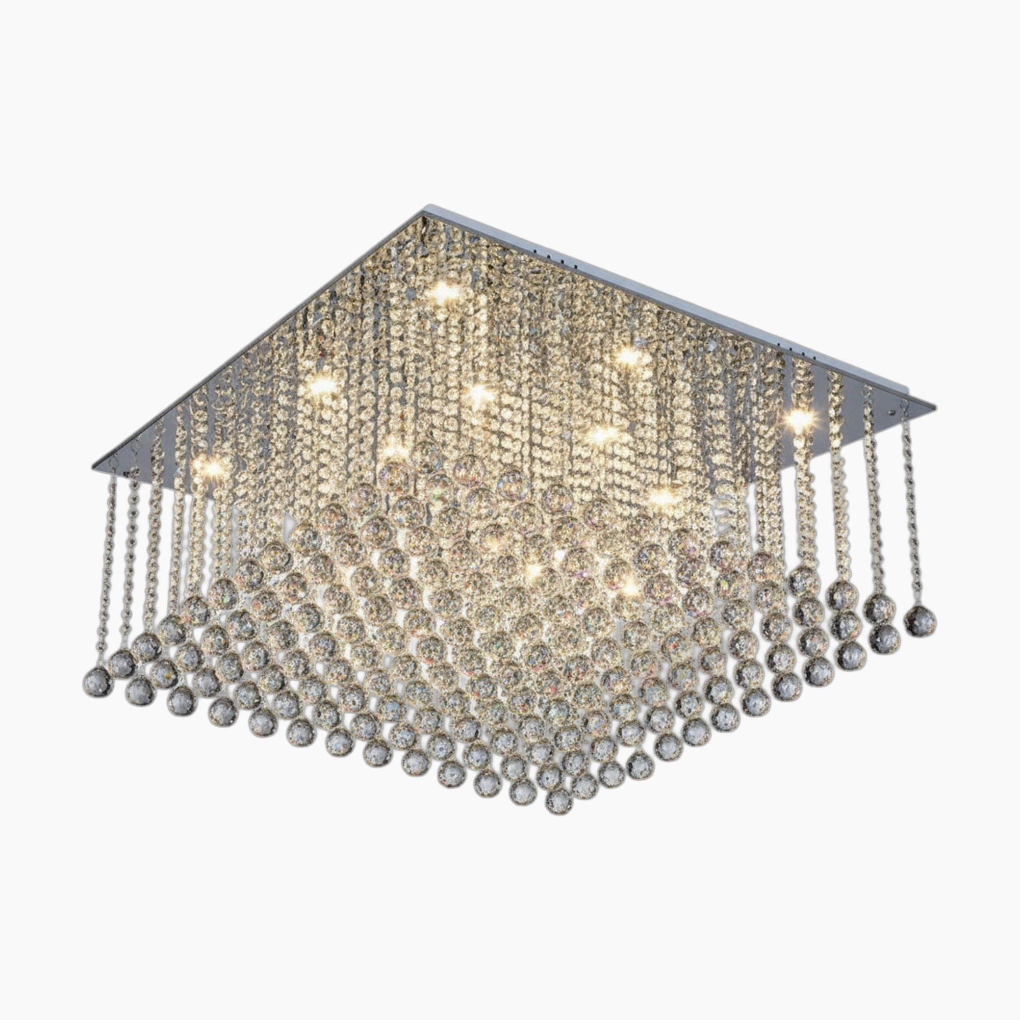Art Deco LED chandelier with cascading crystal balls, chains, and reflective metal base radiating white light.