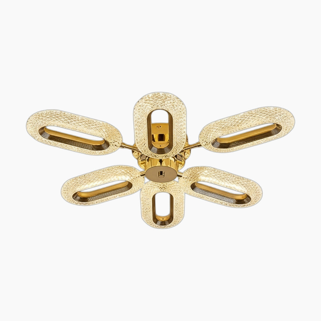 Five-armed crystal LED chandelier with textured ovals in a star-shaped, post-modern Art Deco design.