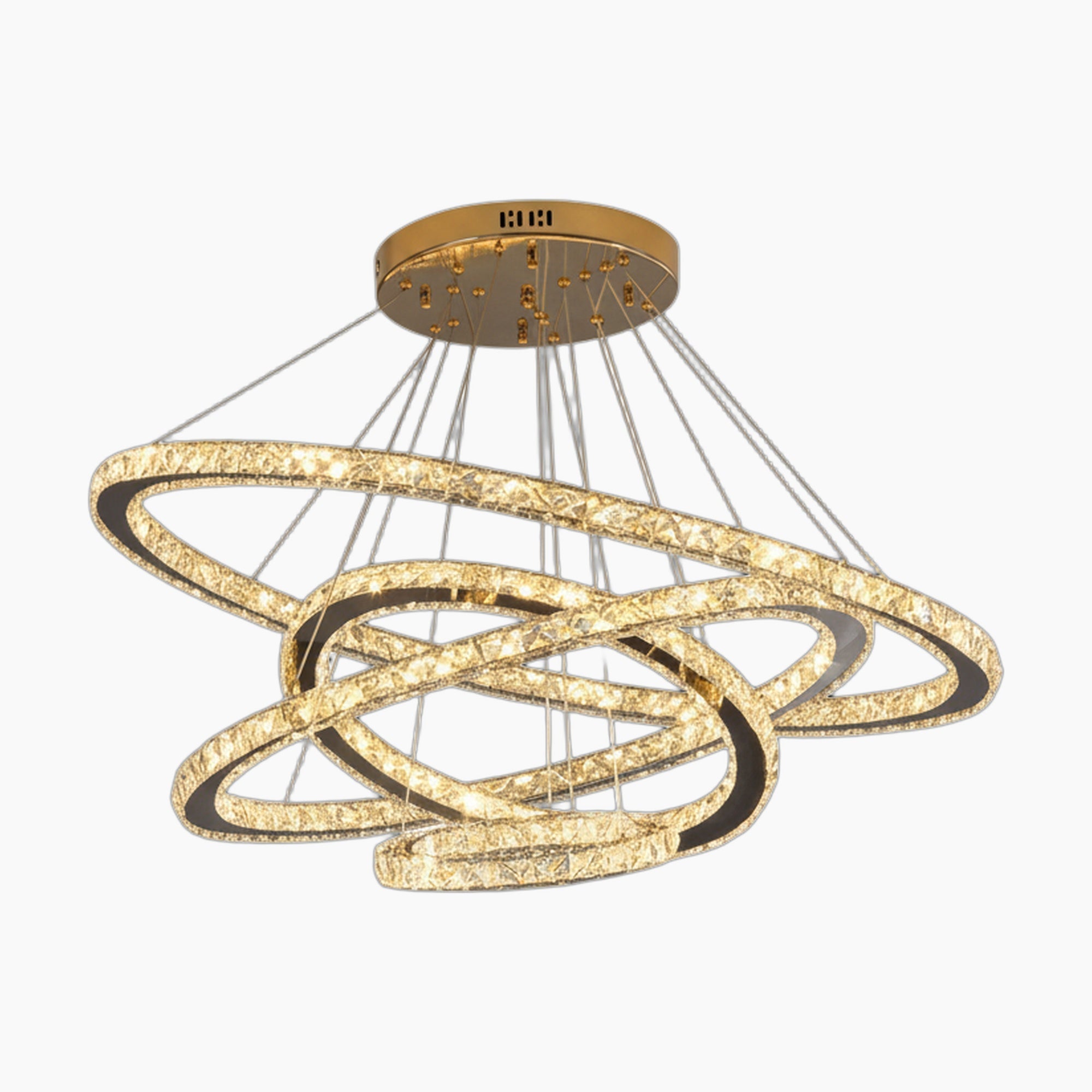 Intertwined gold and crystal LED rings form a modern, dimmable chandelier on a round base.