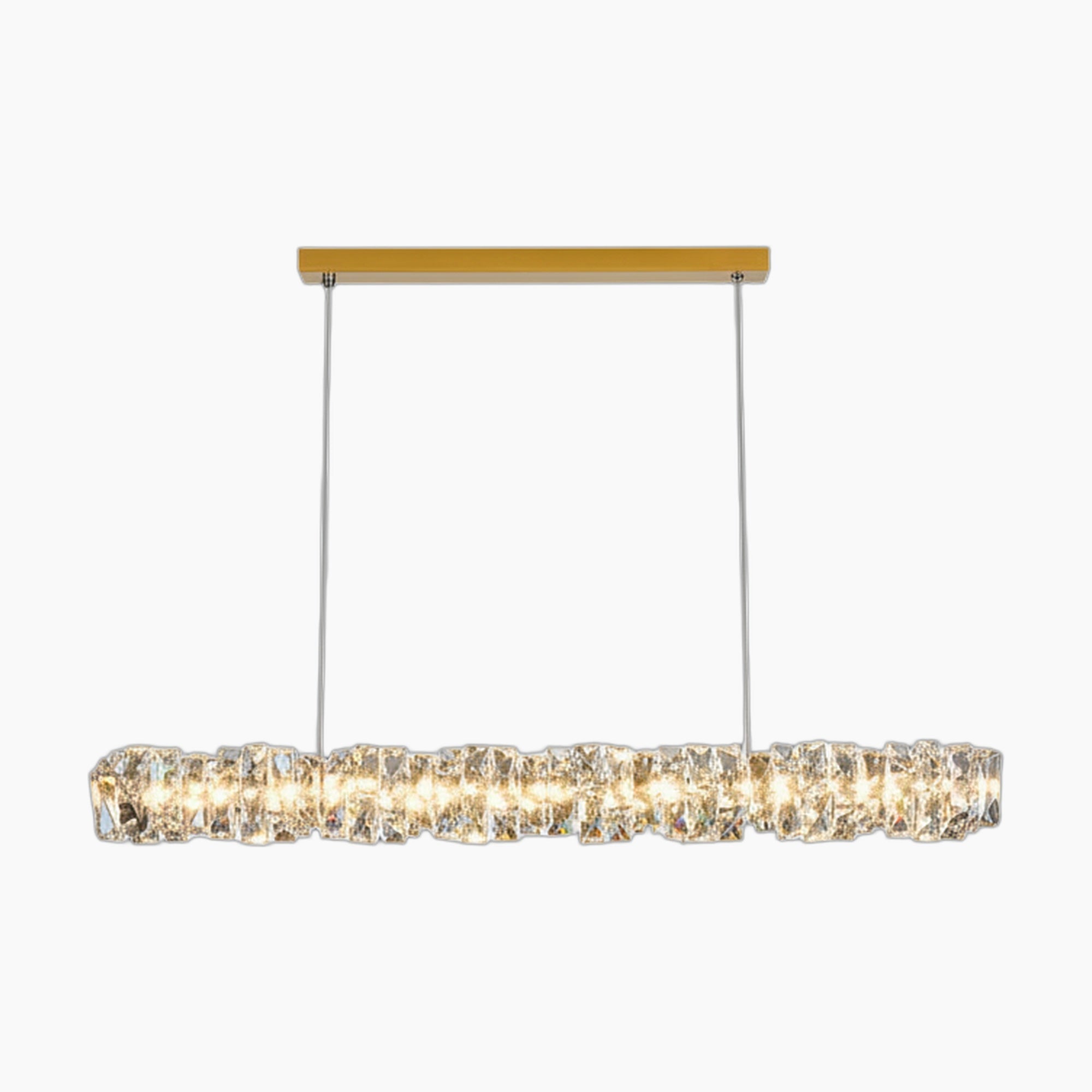 K9 Crystal Industrial Chandelier features faceted glass, gold mount, dual cables, and warm LED illumination.