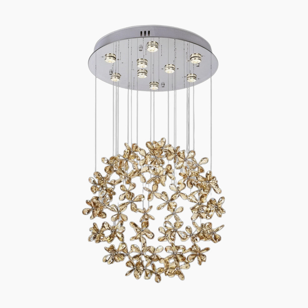 Modern chrome-base chandelier with gold flower LED accents and crystal ball design, suspended by wires.
