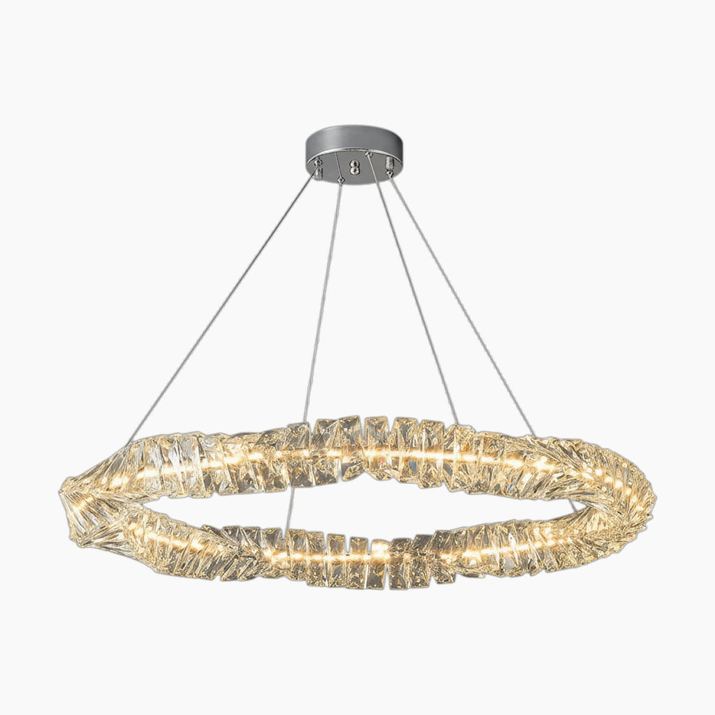 Modern chandelier with twisted translucent LED crystal ring, suspended by four wires from metal base.