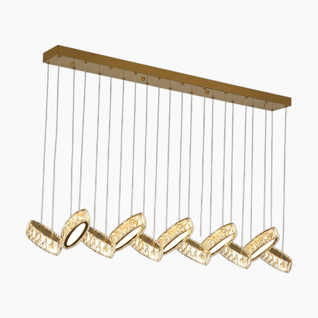 Eight textured glass rings hang at varied angles from slim cables in this modern chandelier.