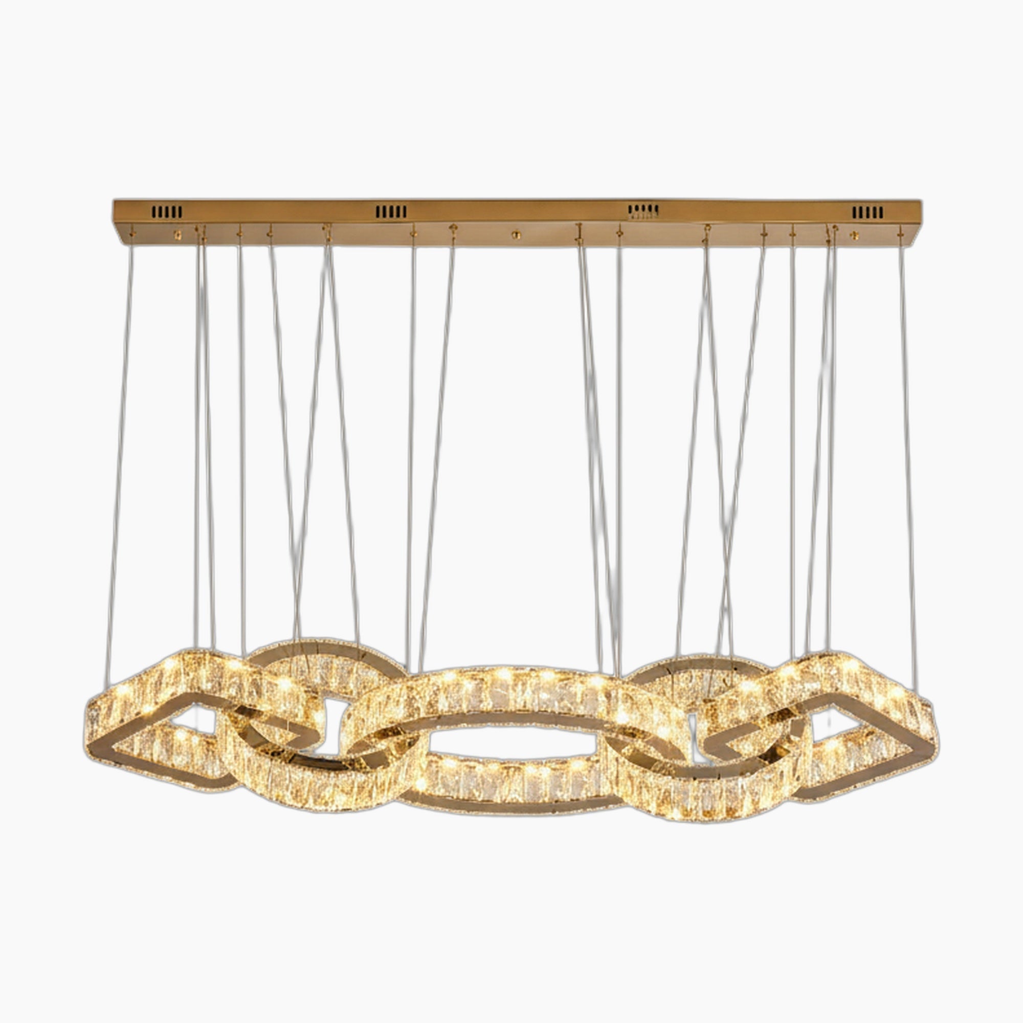 Modern gold crystal chandelier with interlocking lit chains, rectangular mount, and dimmable LED glow.