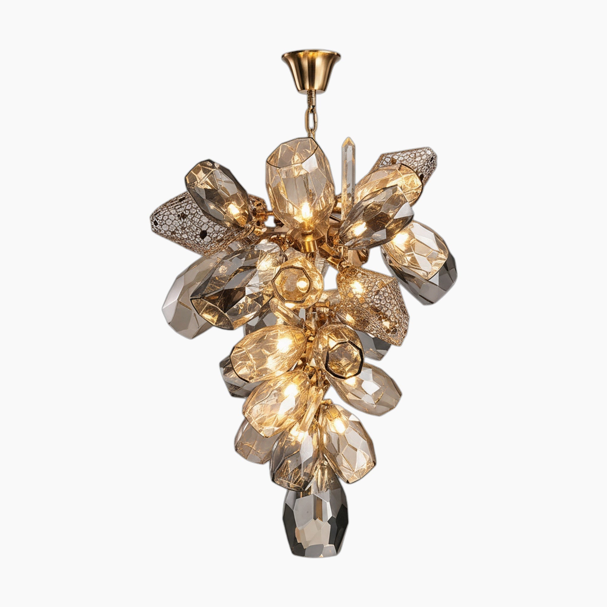 Luxurious crystal chandelier with gold and silver accents, stainless steel, and integrated LED lighting.