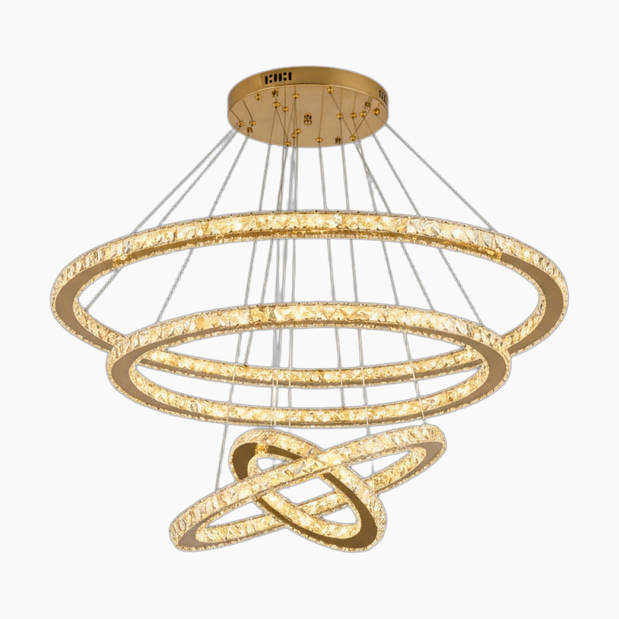 Three gold rings and two smaller interlocking rings with crystal LED lights, suspended elegantly.