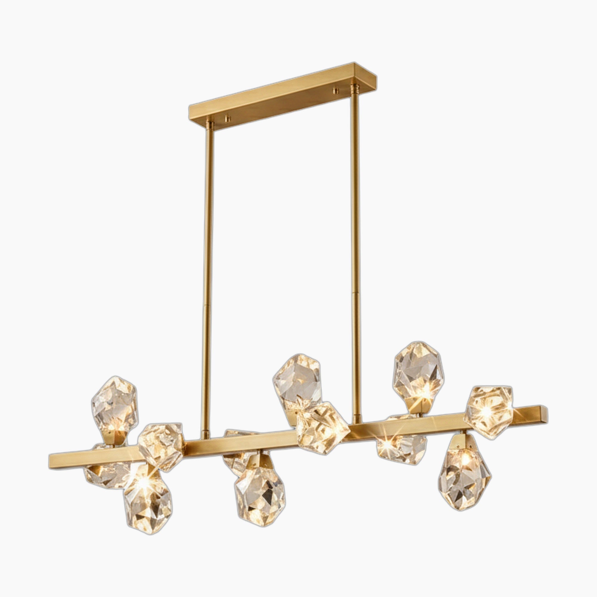 Maison Ornate Nordic Crystal LED chandelier features geometric crystal pendants on a sleek horizontal bar.