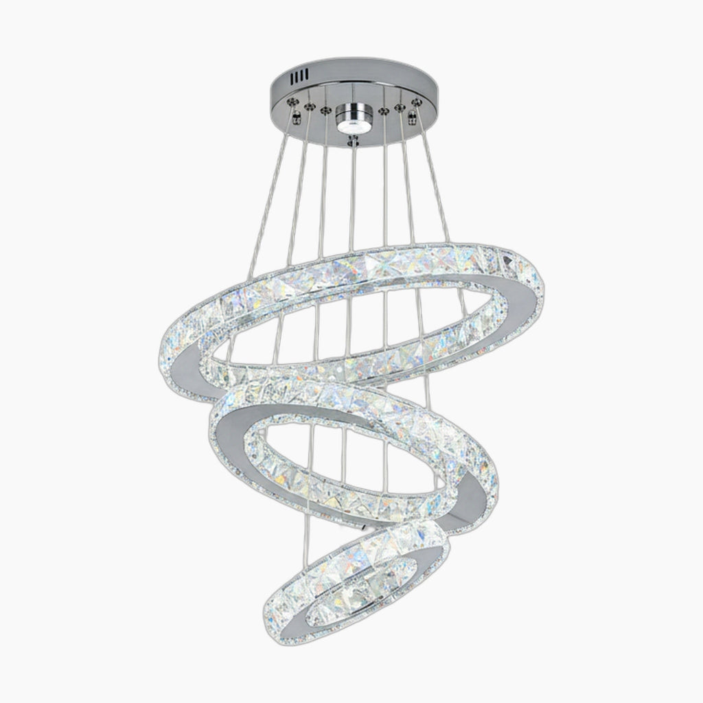 Three crystal-encrusted rings intertwine, suspended by cables from a chrome mount in this Art Deco-inspired chandelier.