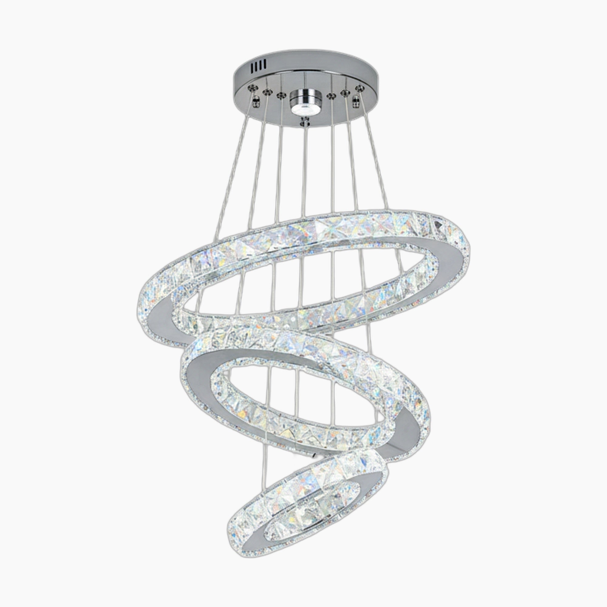 Three crystal-encrusted rings intertwine, suspended by cables from a chrome mount in this Art Deco-inspired chandelier.