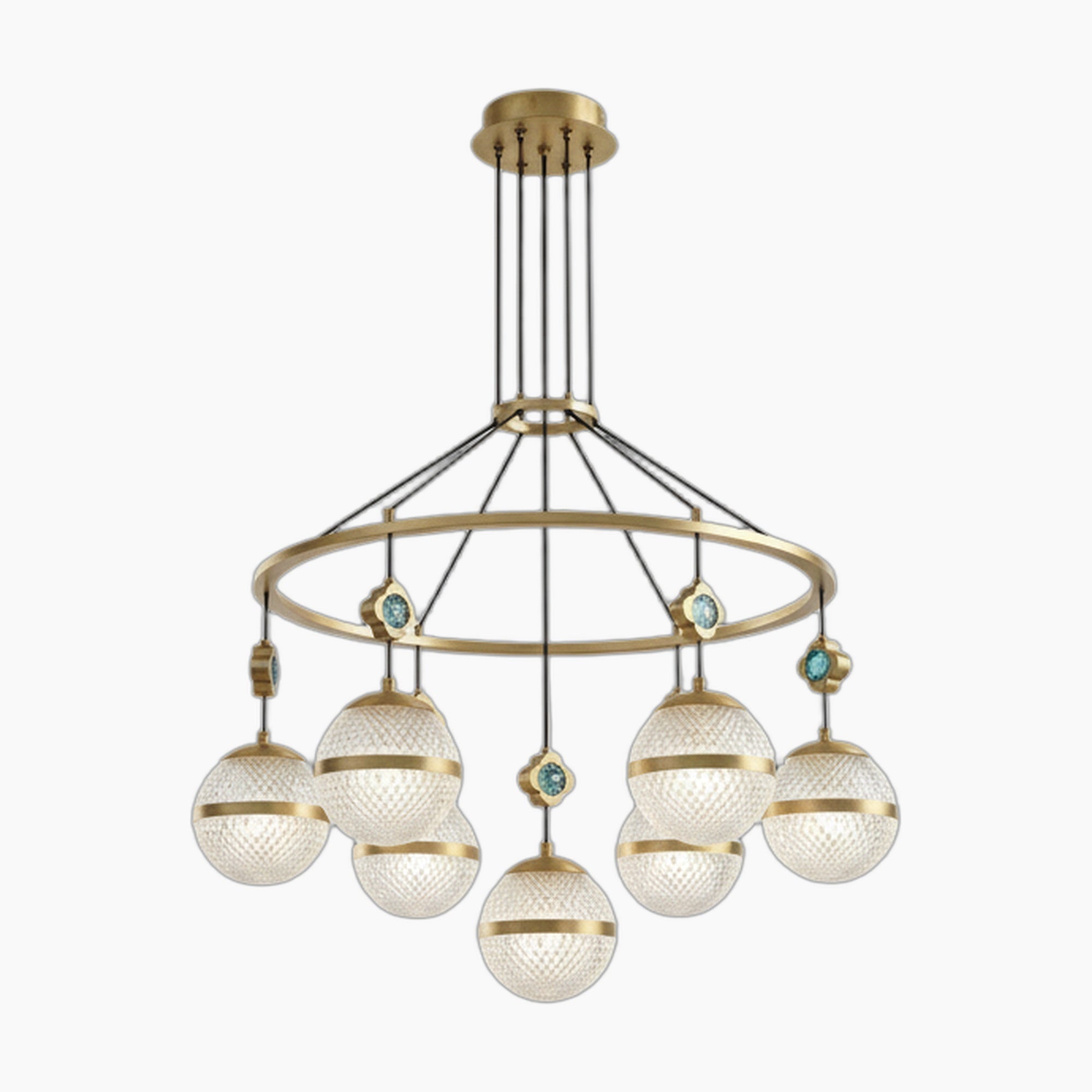 Seven textured glass globes hang from a gold circular frame with turquoise accents; modern chandelier.