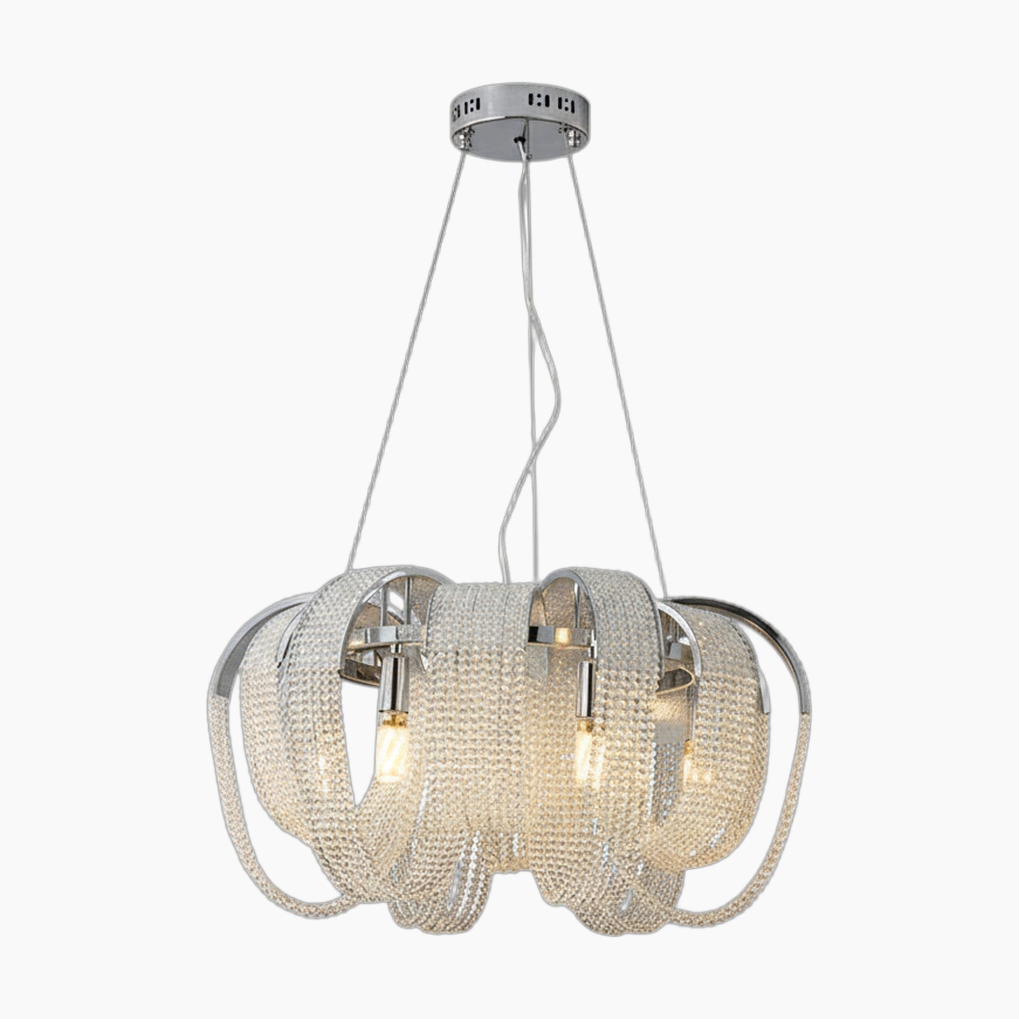 Curved chrome and crystal chandelier with LED tassels, exposed bulbs, and three suspension cables.