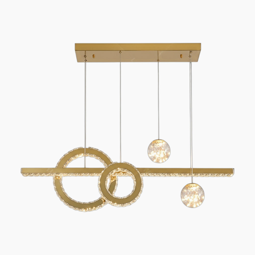 Modern crystal chandelier with interlocking rings and three glass spheres for elegant, chic lighting.
