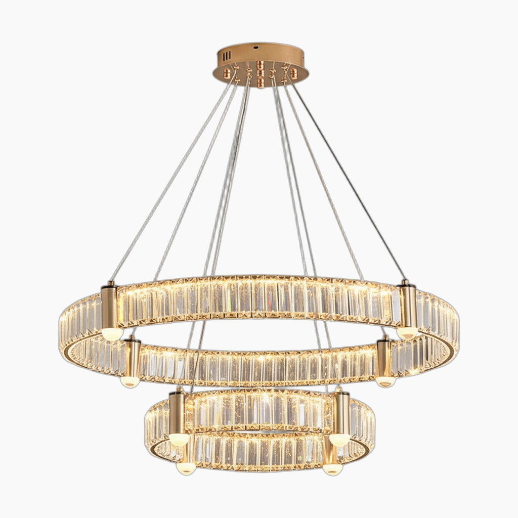 Nordic crystal chandelier with gold LED rings, clear crystals, and four suspension cables.