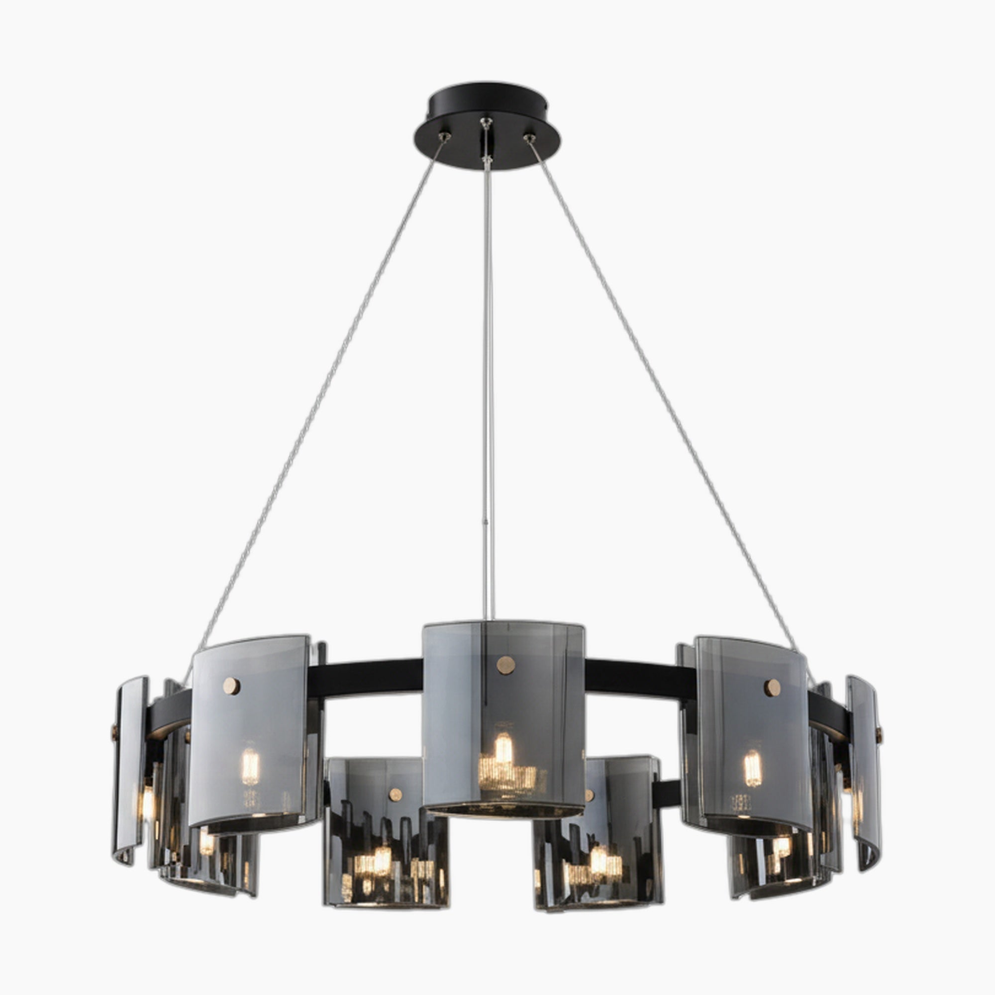 Modern Scandinavian chandelier with black frame, smoky glass panels, and three suspension cables. LED fixture.
