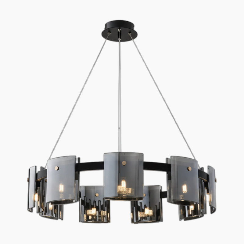 Modern Scandinavian chandelier with black frame, smoky glass panels, and three suspension cables. LED fixture.