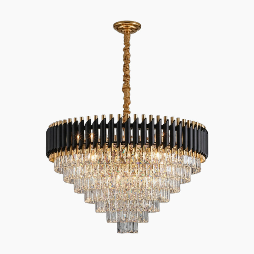 Multi-tier crystal prism chandelier with gold and black frame, suspended from a sleek gold rod.