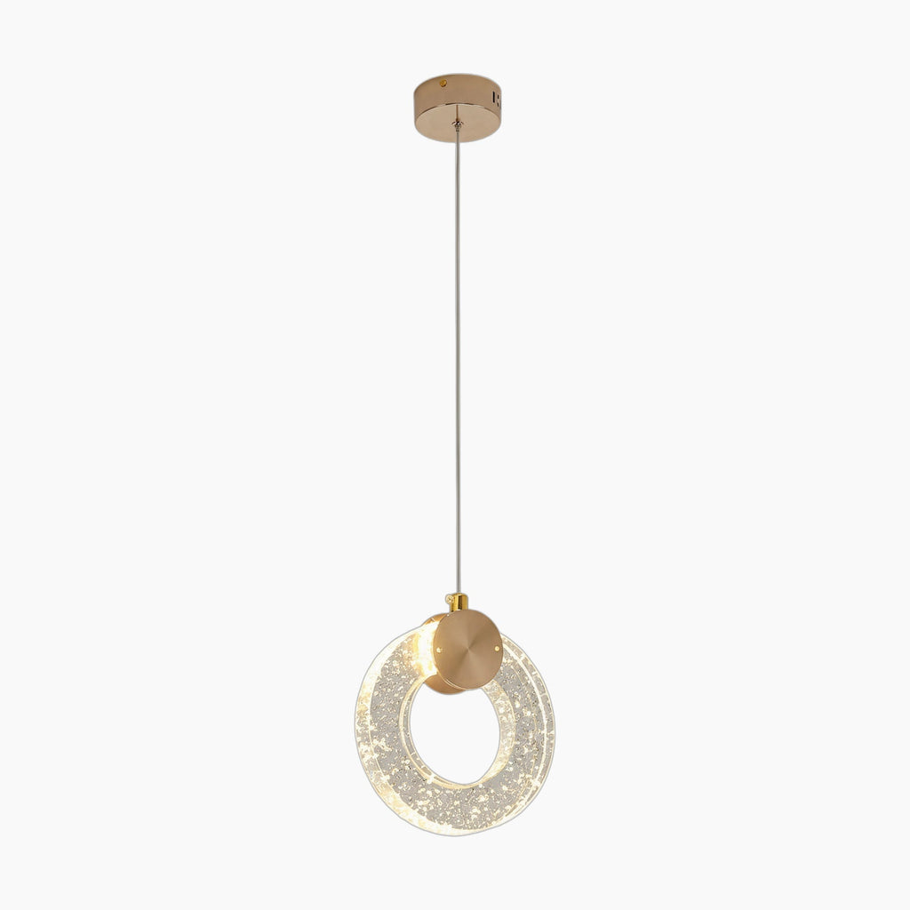 Gold-base Nordic chandelier with slim suspension and illuminated crystal ring featuring bubble accents.